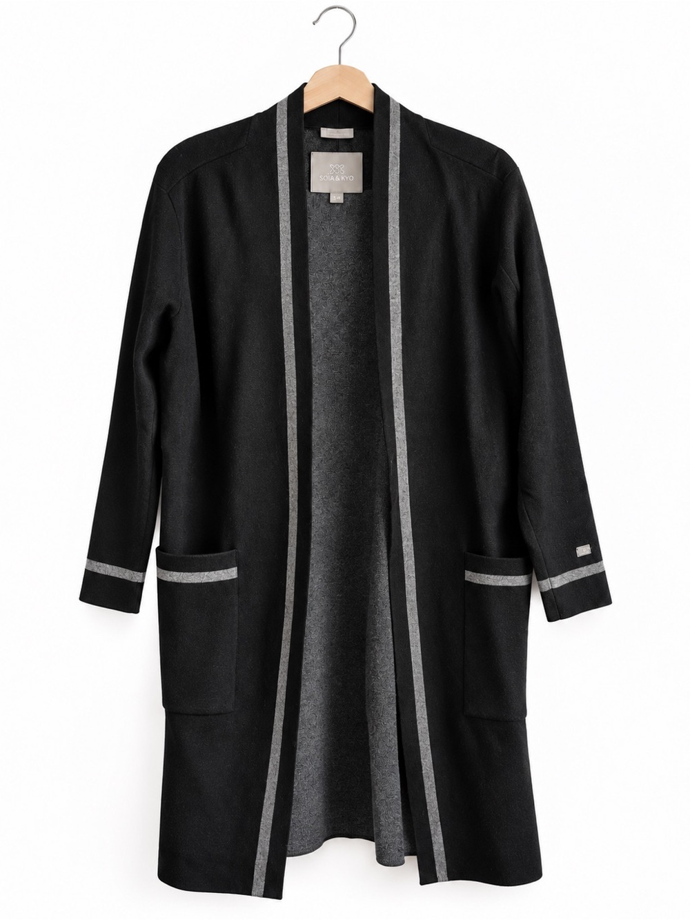 Soia & Kyo Denise Black Knee Length Coatigan Contrast Trim Size S